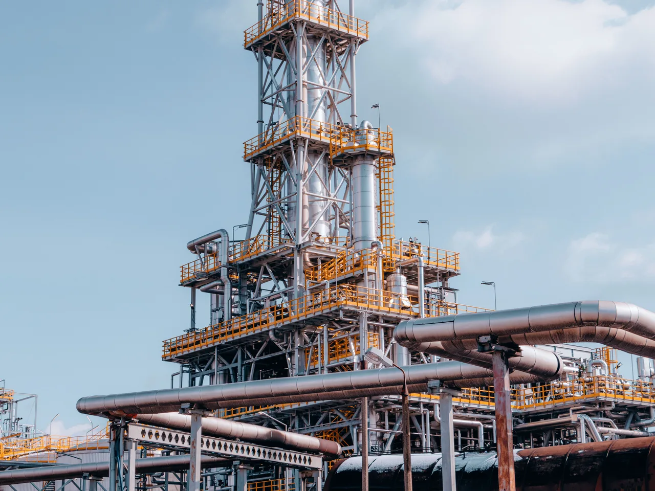 Oil and gas processing facility with industrial pipework